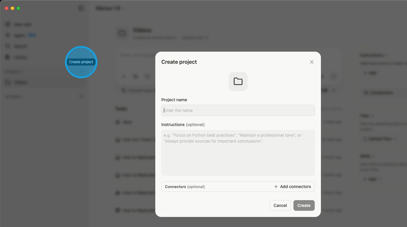 Manus: create a project
