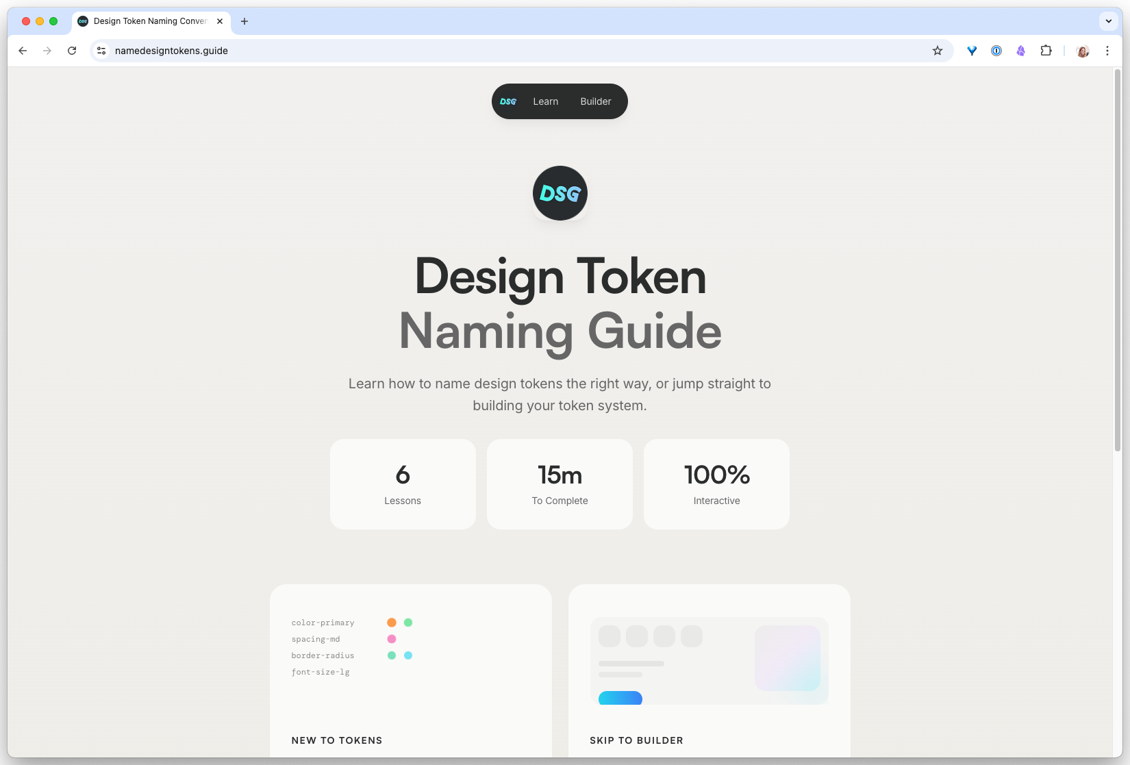 namedesigntokens.guide landing page with a hero that introduces the tool and four entry points into the Learn page, the Wizard, the Builder, and examples from real design systems.