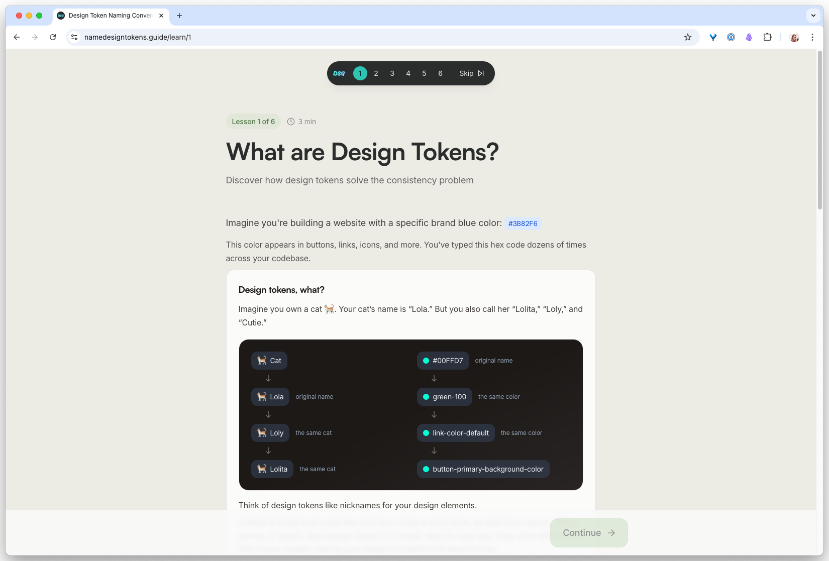 Name Design Tokens Learn page with side-by-side comparisons of naming patterns across major design systems and short explanations of when each one wins.