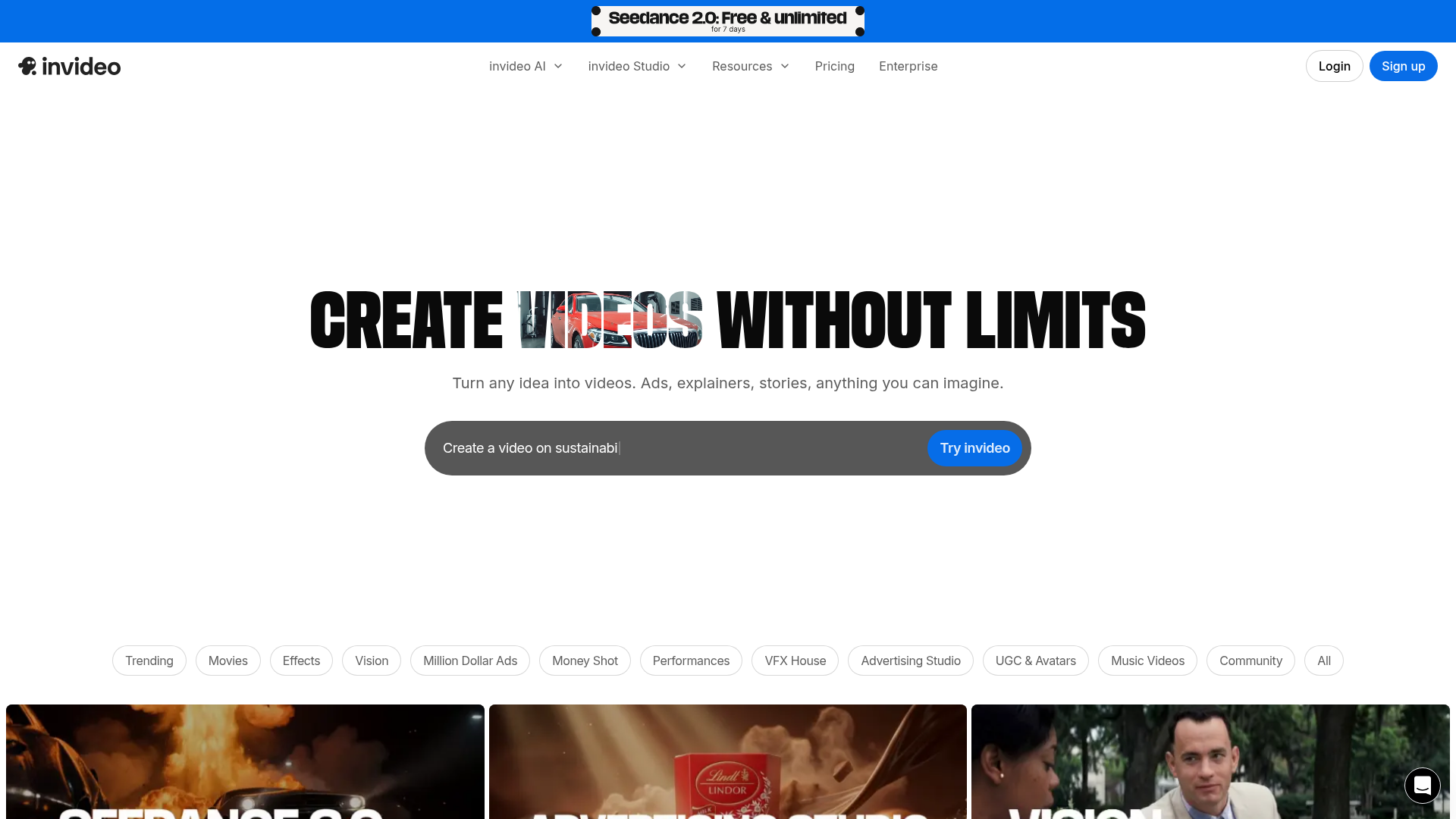 invideo AI homepage