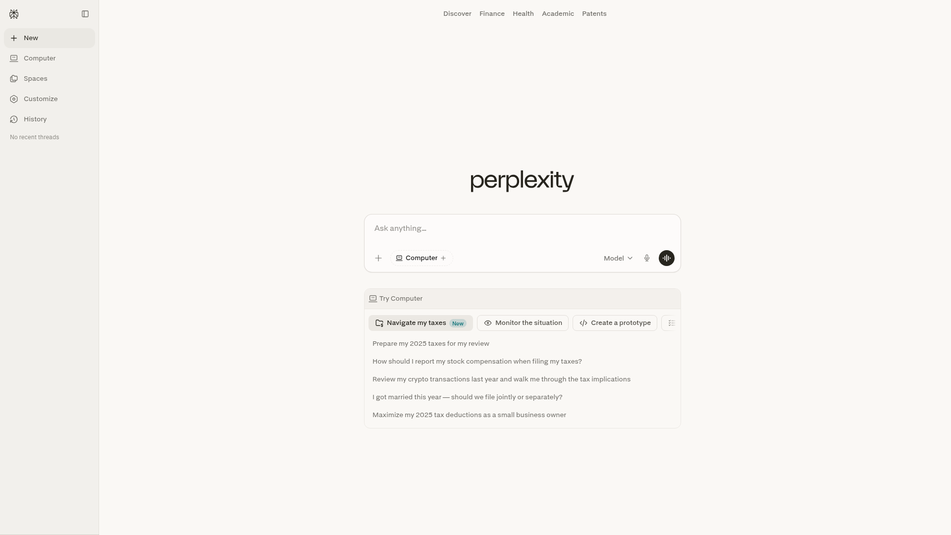 Perplexity homepage