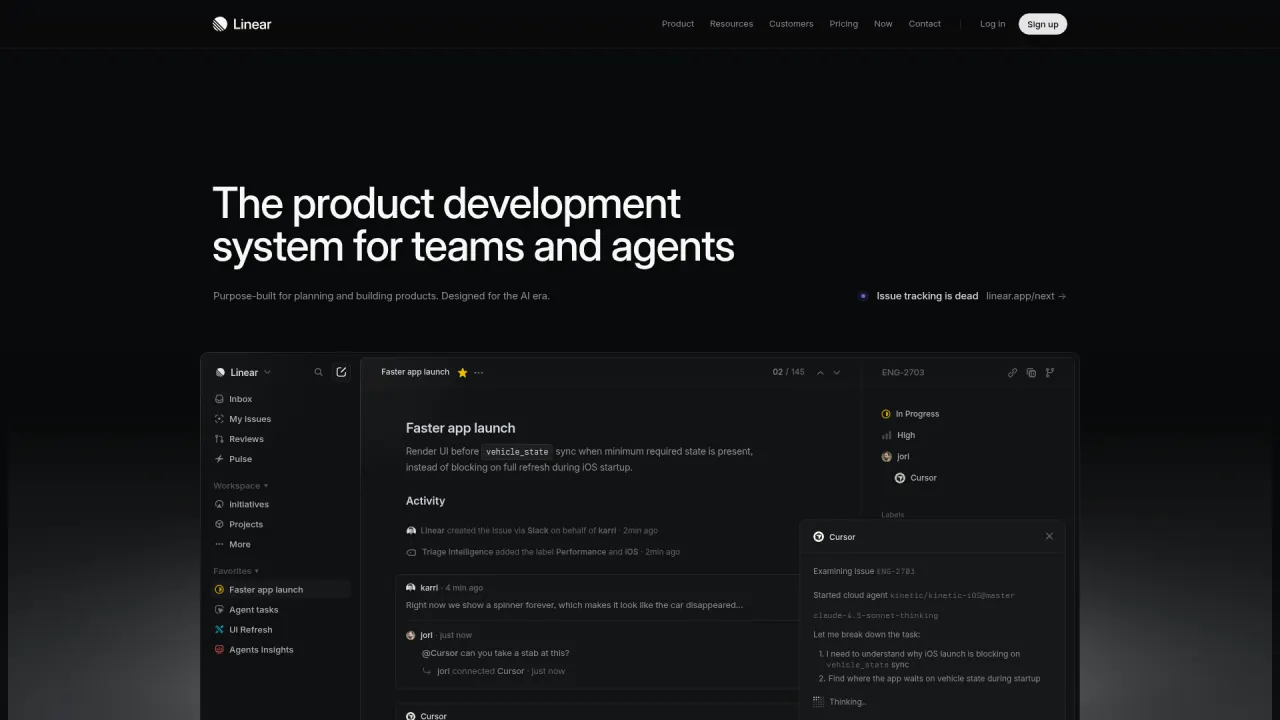 Linear homepage hero, dark background, white headline 'The product development system for teams and agents', below it a real Linear interface mockup showing an actual issue, an activity log, labels, an agent thread. The hero IS the product.