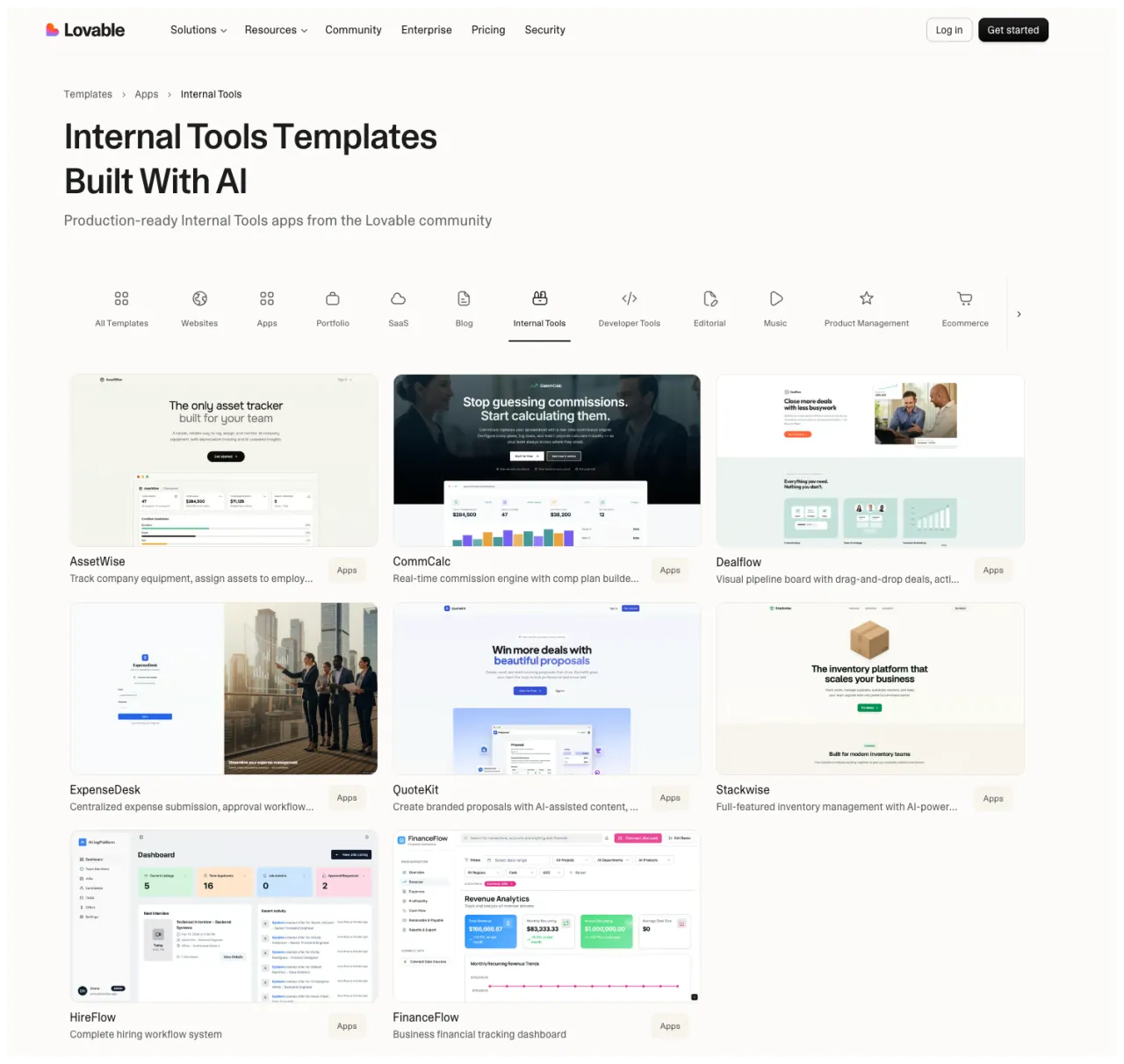 Lovable Internal Tools template gallery, captured 2026-05-12. Page title: 'Internal Tools Templates Built With AI'. Grid of template thumbnails for AssetWise, CommCalc, DealFlow, ExpenseDesk, QuoteKit, Stackwise, HireFlow, FinancePro. Each thumbnail uses near-identical light-mode SaaS layouts.