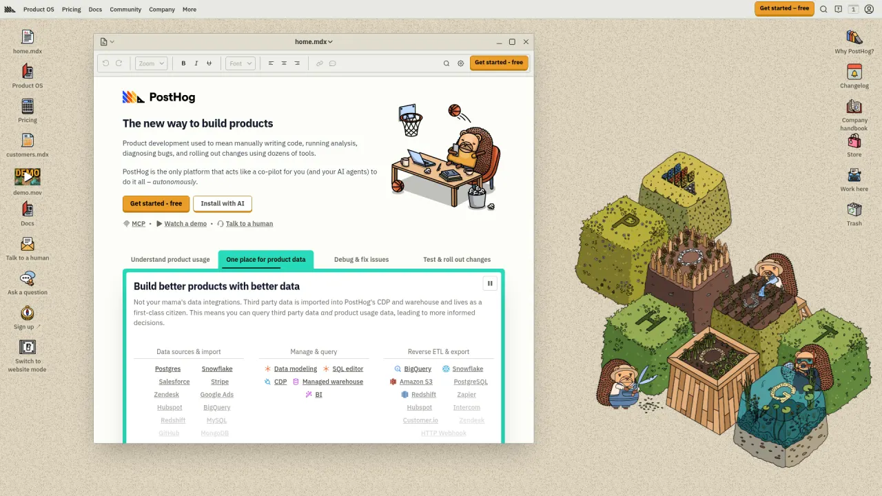 PostHog homepage hero, skeuomorphic desktop-OS metaphor with file icons on the left, an open document window in the center with the headline 'The new way to build products' and a hand-drawn hedgehog illustration, and an isometric scene of garden plots and characters on the right.