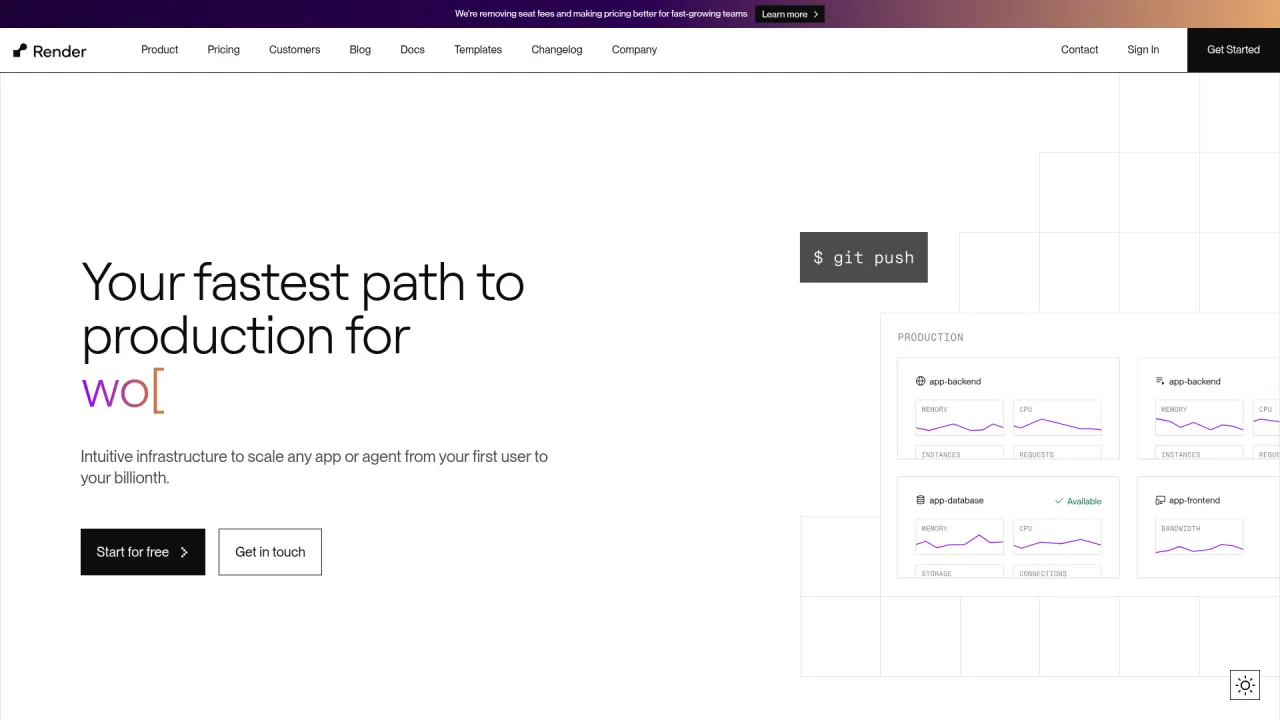 Render homepage hero, plain white background, black headline 'Your fastest path to production', purple line-chart data visualizations of app metrics on the right, single 'Start for free' CTA. No gradient backgrounds or glow effects.