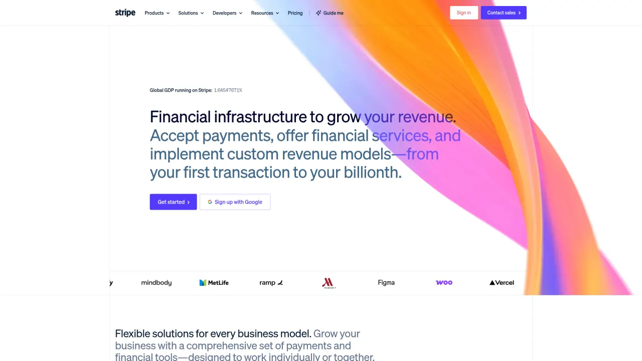 Stripe homepage hero, black sans-serif headline 'Financial infrastructure to grow your revenue', specific concrete copy underneath ('Accept payments, offer financial services, and implement custom revenue models, from your first transaction to your billionth'), single CTA, customer logo bar below.