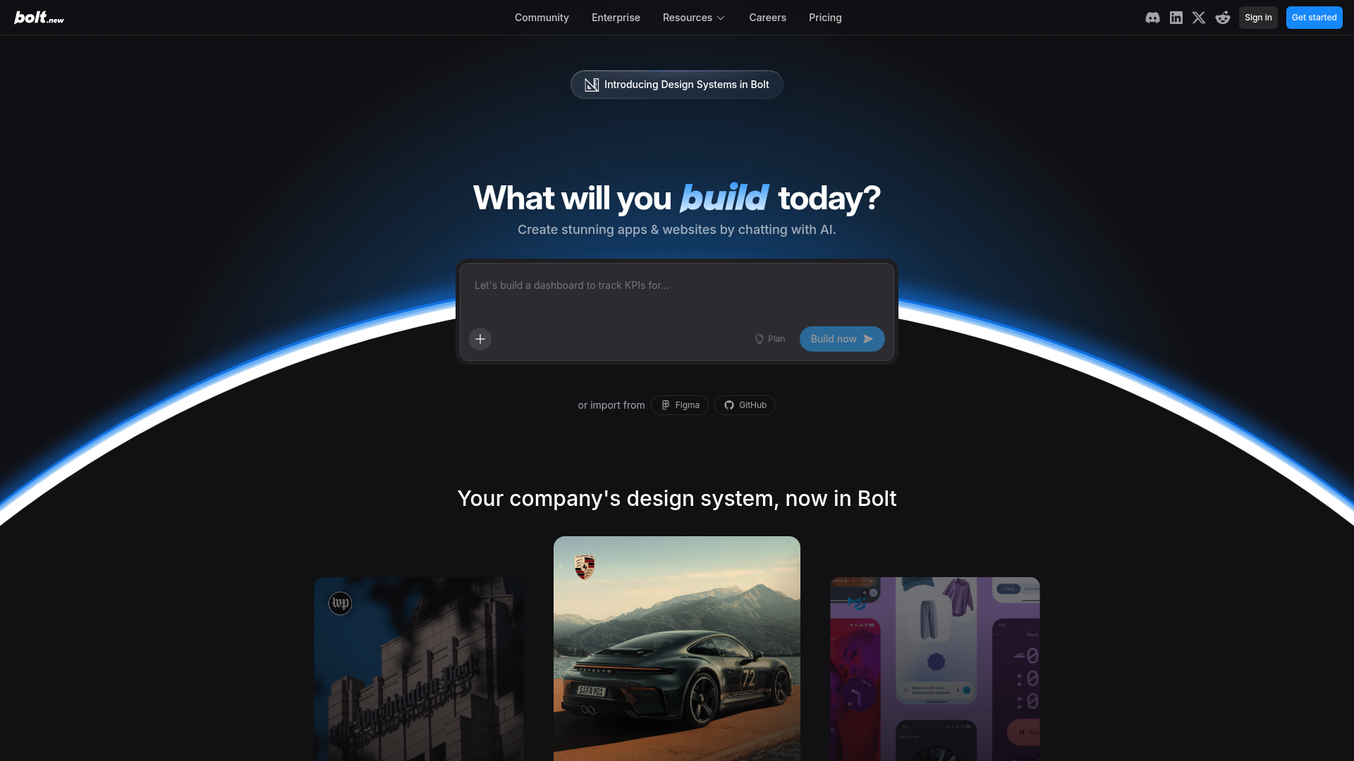 Bolt.new homepage with the headline 'What will you build today?' set against a dark background with a bright blue arc, an 'Introducing Design Systems in Bolt' pill, a prompt input reading 'Let's build a dashboard to track KPIs for…', and 'or import from Figma / GitHub' options below.