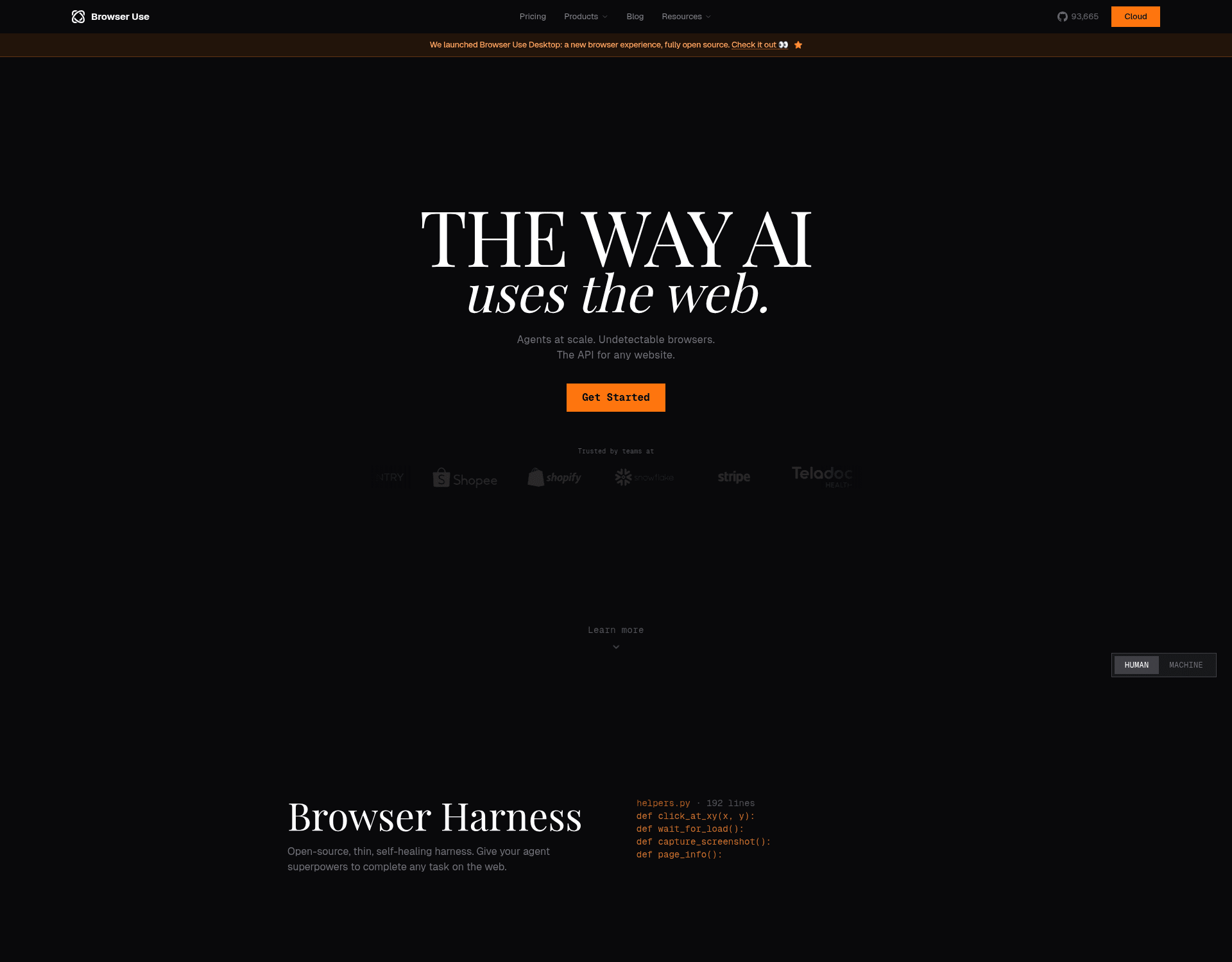 Browser Use homepage. Headline 'THE WAY AI uses the web' over a dark canvas, with the tagline 'Agents at scale. Undetectable browsers. The API for any website.' Trust logos for Sentry, Shopee, Shopify, Snowflake, Stripe, Teladoc. Browser Harness product section visible below the fold.