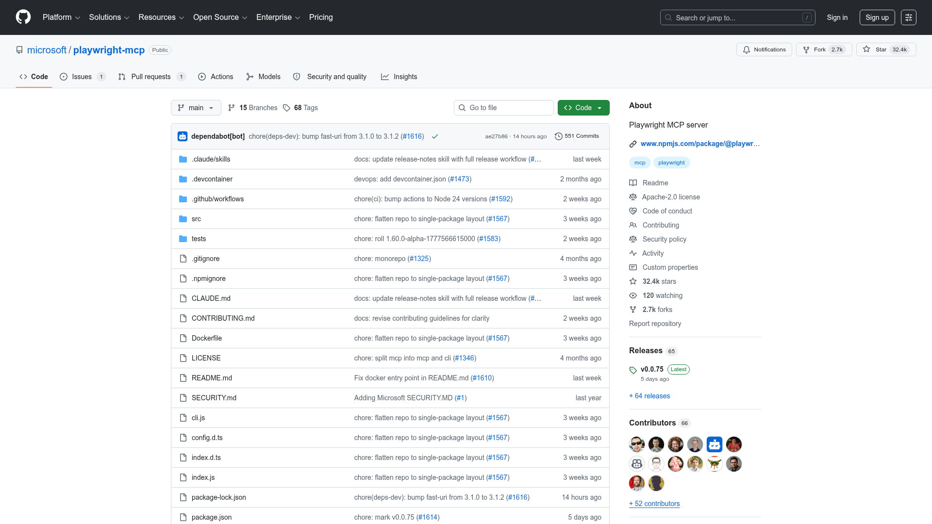 GitHub page for microsoft/playwright-mcp. A Model Context Protocol server providing Playwright browser automation capabilities for AI assistants.
