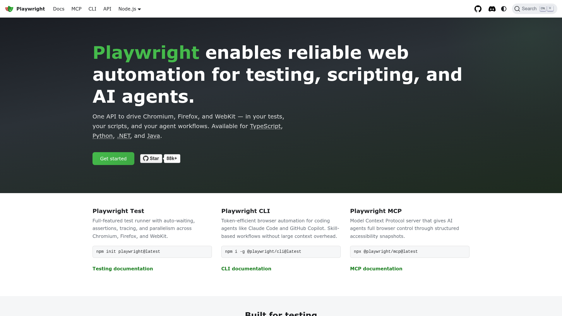 Playwright homepage. Headline reads 'Playwright enables reliable end-to-end testing for modern web apps' with three pillars below: Any browser, Any platform, One API.