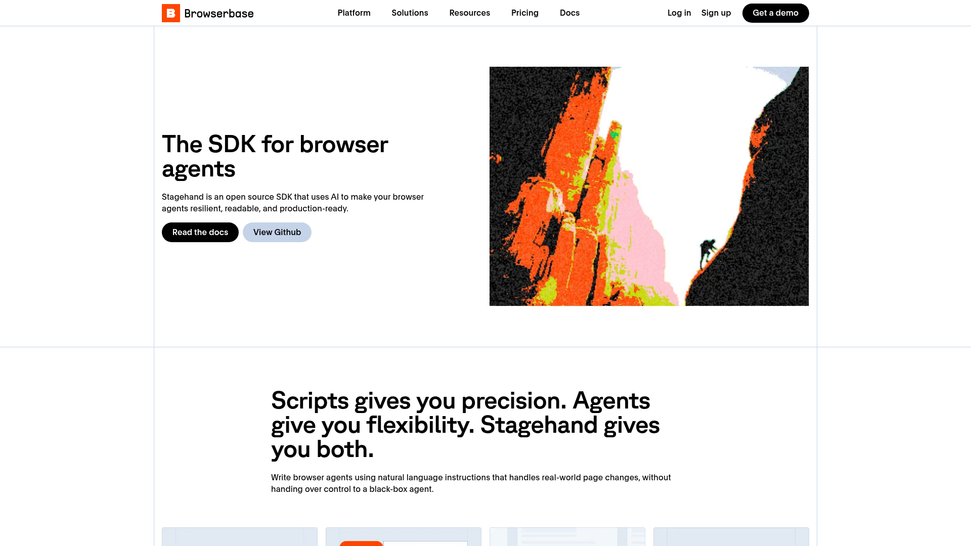 Stagehand homepage from Browserbase. Browser automation framework that combines natural language with code.