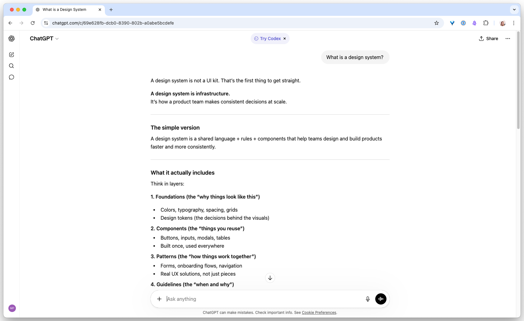 ChatGPT desktop interface in the middle of a conversation, a long prompt on the user side, a structured response from the model on the other, and the composer pinned at the bottom.