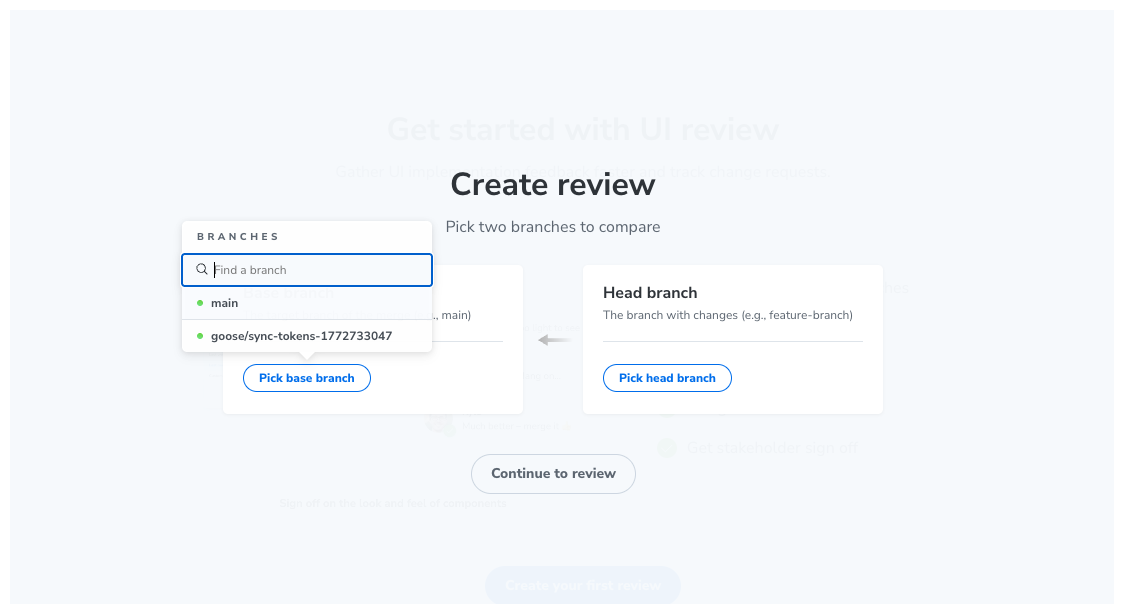 Chromatic creating a review from a pull request, showing the linked PR, build number, and list of stories awaiting review.
