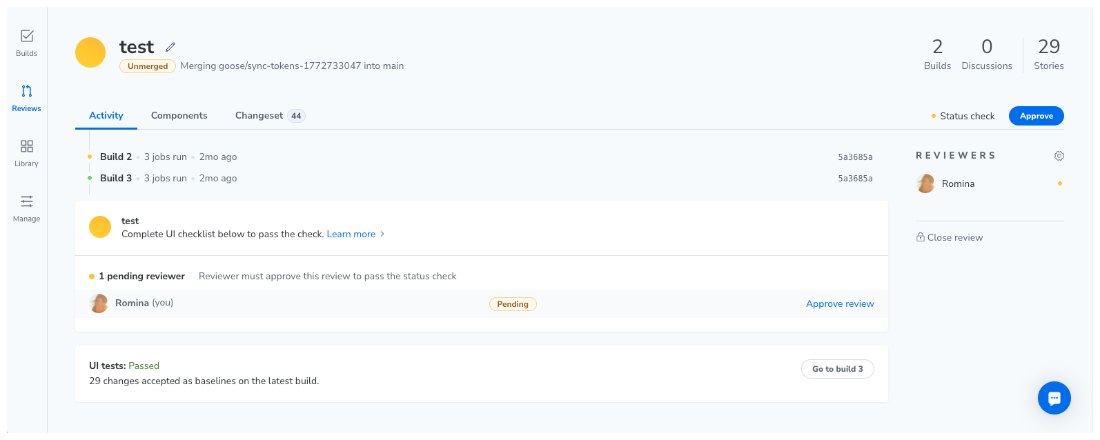 Chromatic test review interface, with the baseline snapshot on the left, the new snapshot on the right, and a pixel-diff overlay highlighting the changed regions.