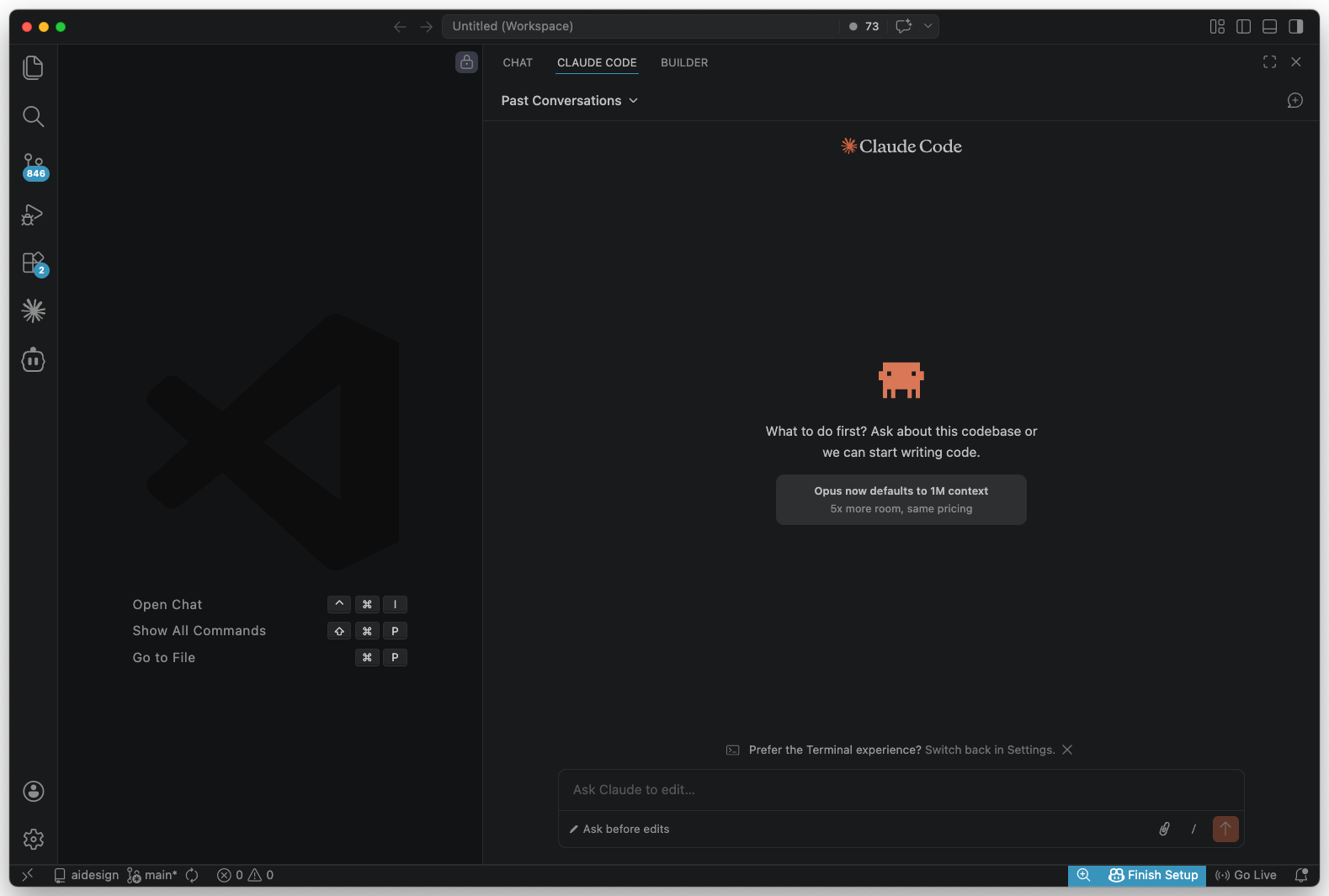 Cursor editor with Claude Code in the right-hand panel showing Chat, Claude Code, and Builder tabs and a prompt input at the bottom.