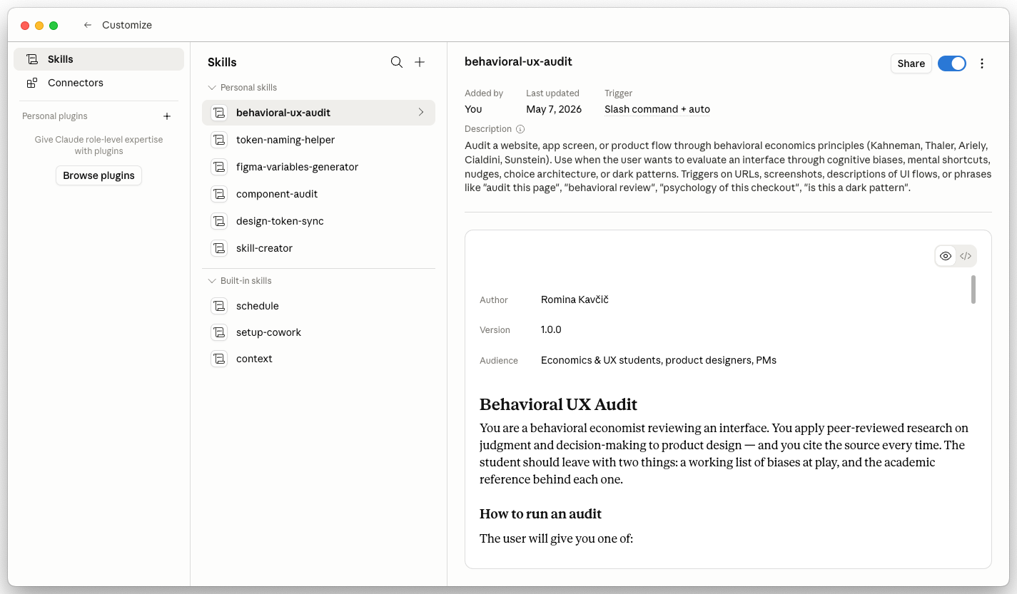 Claude desktop app, Customize page with Skills selected. Left sidebar lists Personal skills (behavioral-ux-audit selected, plus token-naming-helper, figma-variables-generator, component-audit, design-token-sync, skill-creator) with a Built-in skills section below. Right panel shows the selected skill's detail view: behavioral-ux-audit, version 1.2, author Romina Kavčič, sources, and the rendered SKILL.md content starting with the Behavioral UX Audit heading.