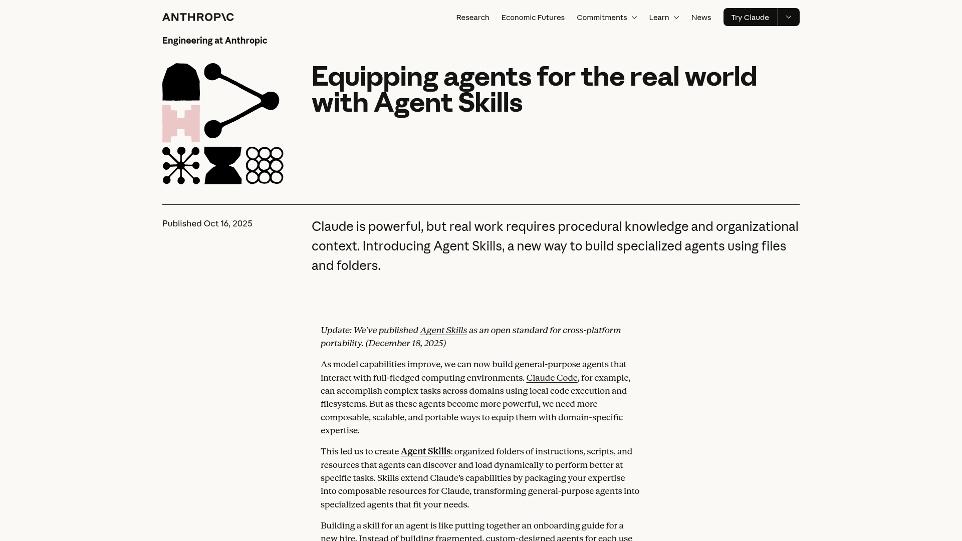 Anthropic engineering blog post titled 'Equipping agents for the real world with Agent Skills', published October 16, 2025, with an abstract geometric illustration and the opening line: Claude is powerful, but real work requires procedural knowledge and organizational context. Introducing Agent Skills, a new way to build specialized agents using files and folders.