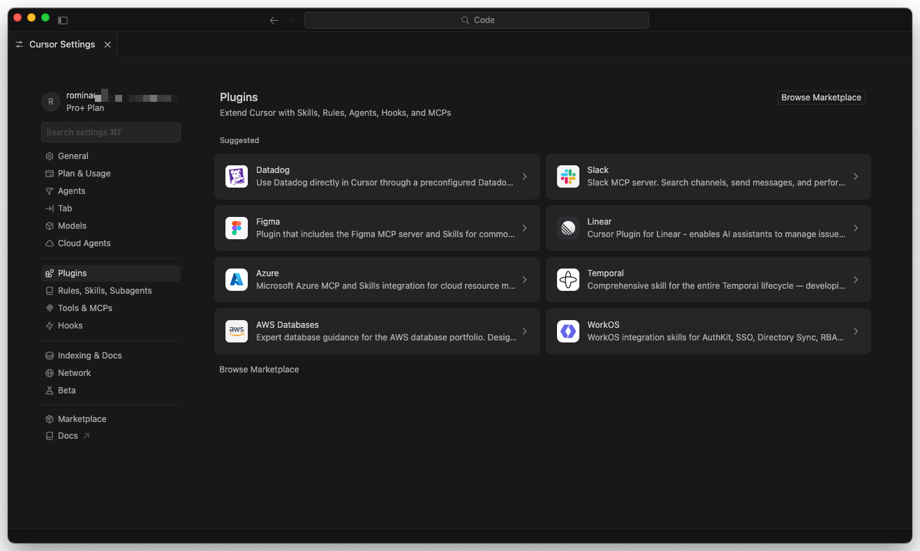 Cursor settings on the extensions panel, showing a search field and a list of installable extensions for languages, Git integrations, and AI tools.