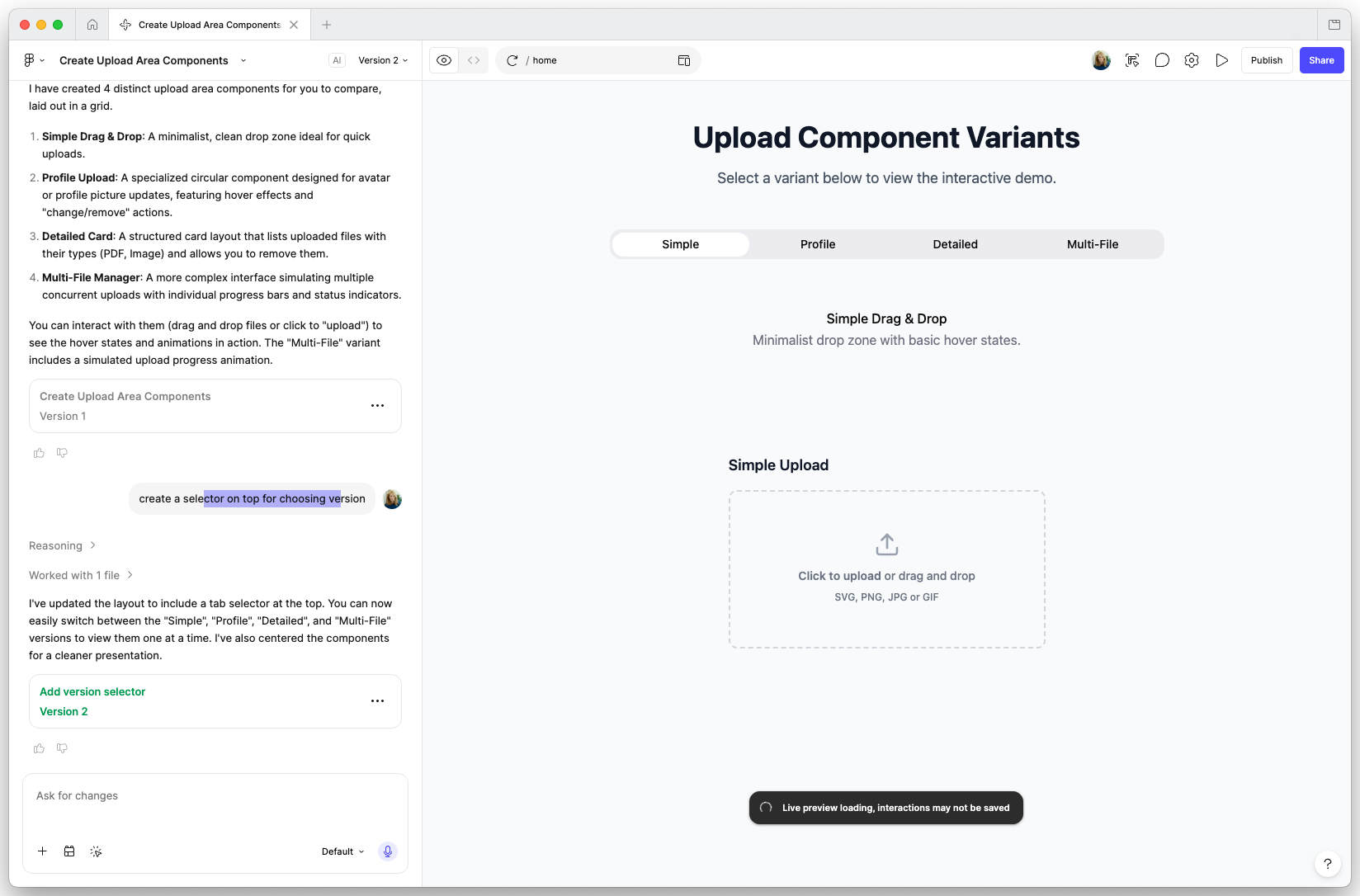 Figma Make generating a UI prototype inside Figma, showing the prompt panel on one side and the generated frames on the canvas.