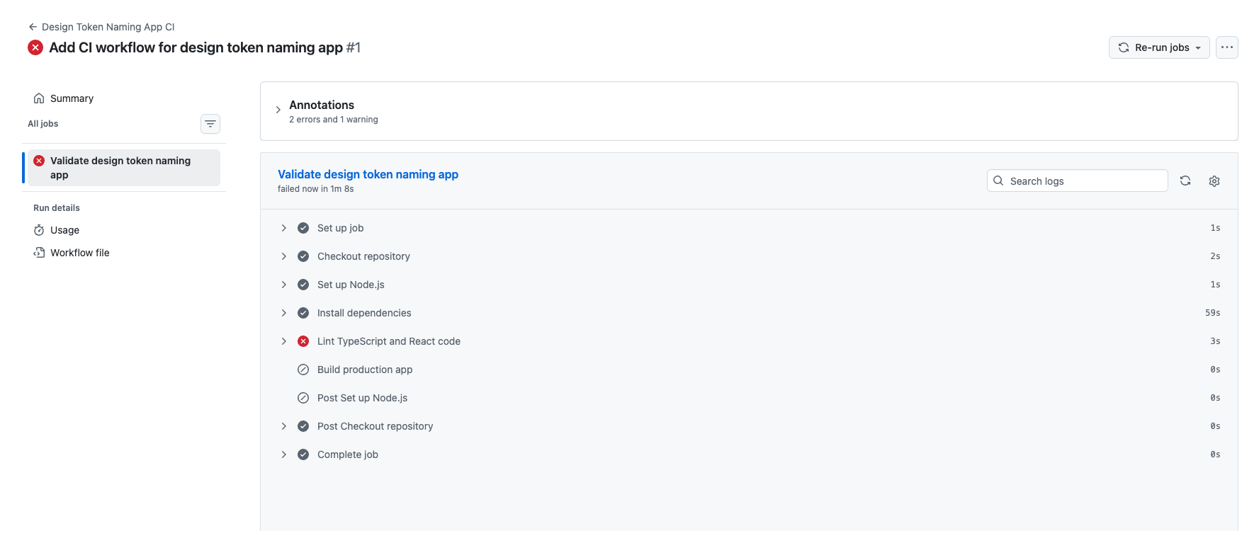 GitHub Actions workflow run detail page showing the steps of a CI job: Set up job, Checkout repository, Set up Node.js, Install dependencies, Lint TypeScript and React code (failed with red X), and remaining skipped steps.