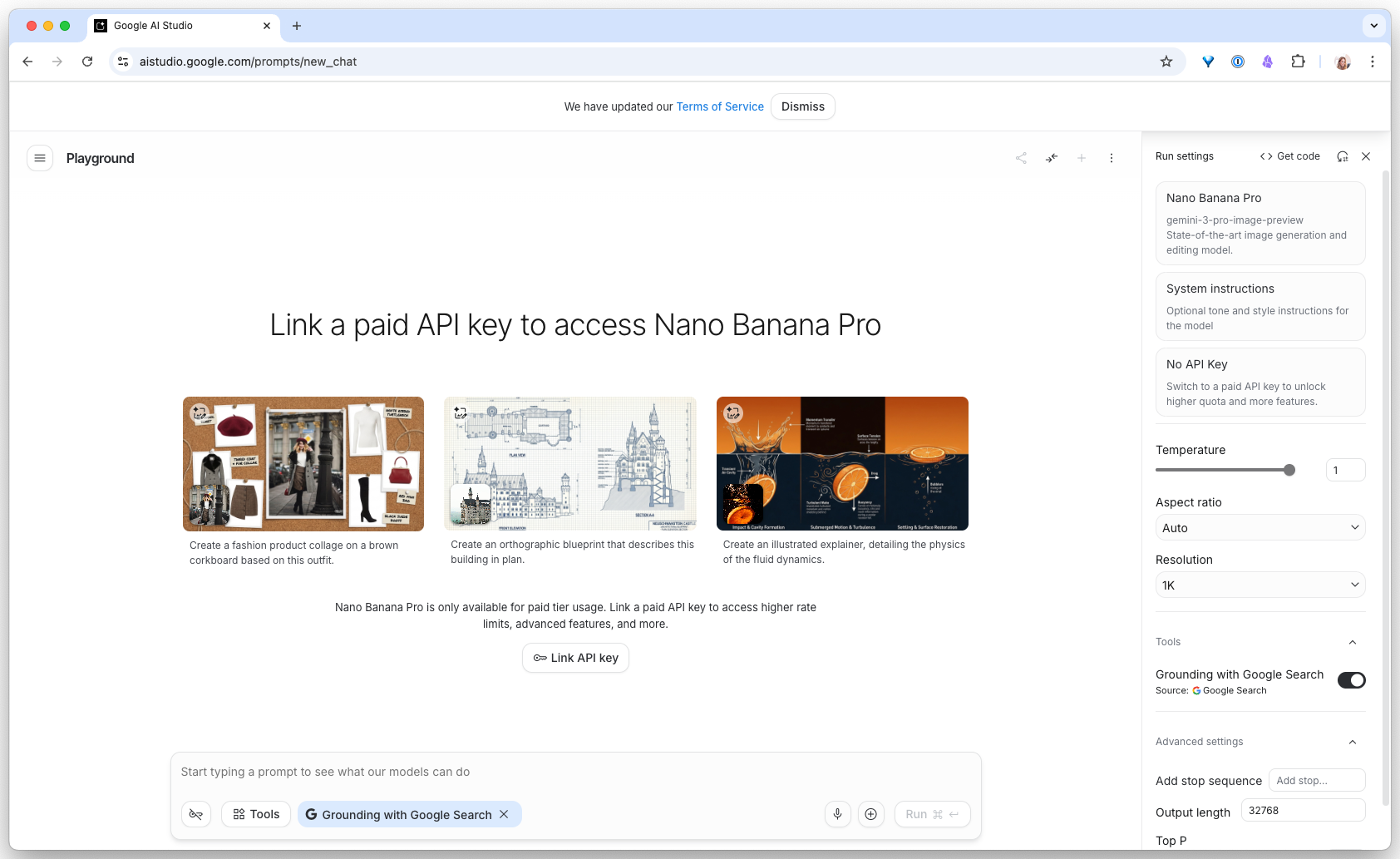 Google AI Studio homepage, model selector, system prompt panel, temperature and response settings, and a prompt editor taking the full page.