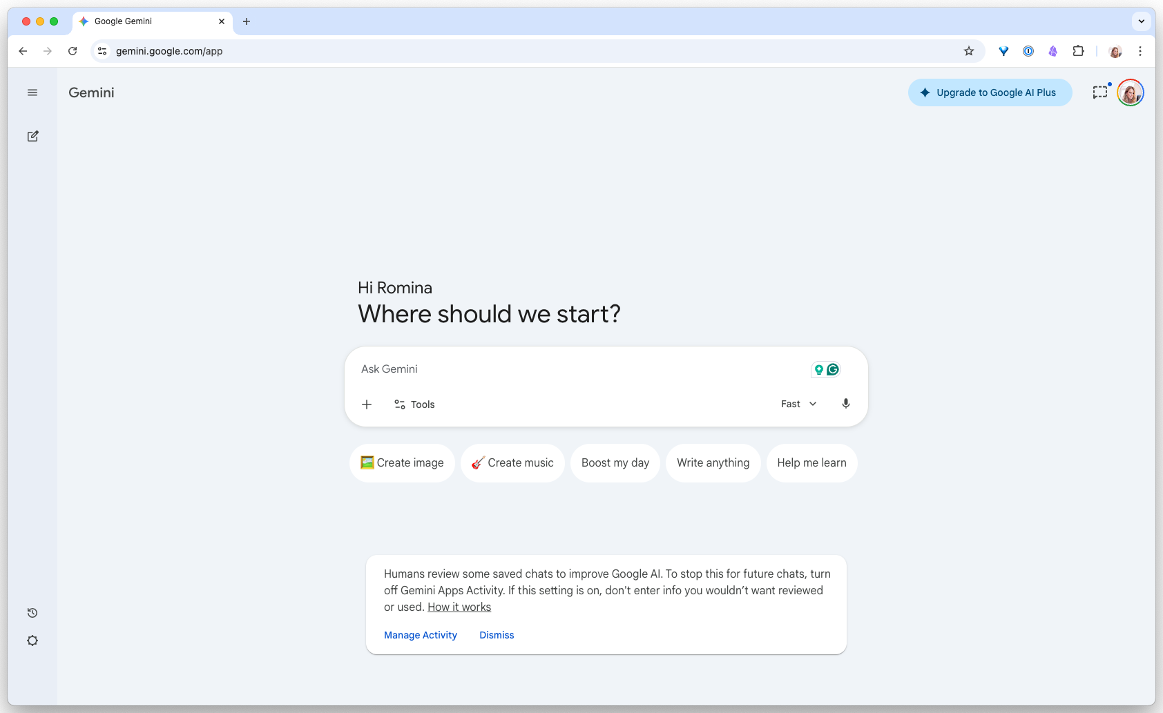 Google Gemini first-load screen, a large greeting, a prompt input with file and deep-research toggles, and a sidebar listing recent chats.