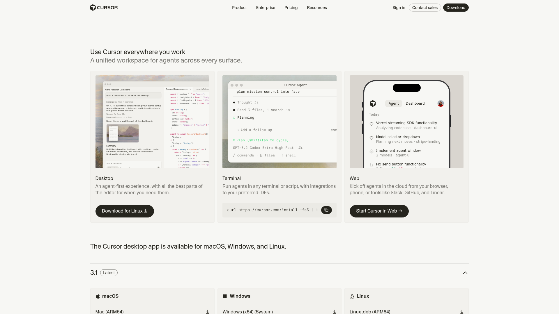 Cursor downloads page showing three surfaces (Desktop, Terminal, and Web) with Download for macOS, a curl install command for the terminal CLI, and a Start Cursor in Web link.