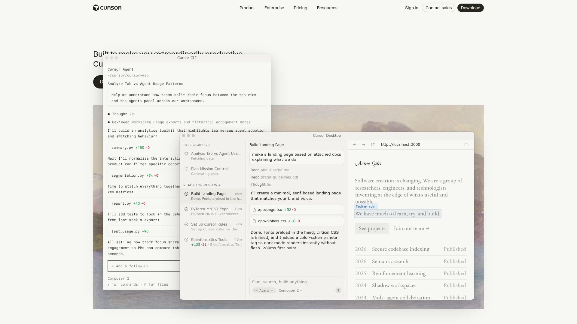 Cursor homepage showing the 'Built to make you extraordinarily productive' headline with floating product screenshots of the Cursor CLI and Cursor Desktop overlaying the hero, and a Download button in the top-right nav.
