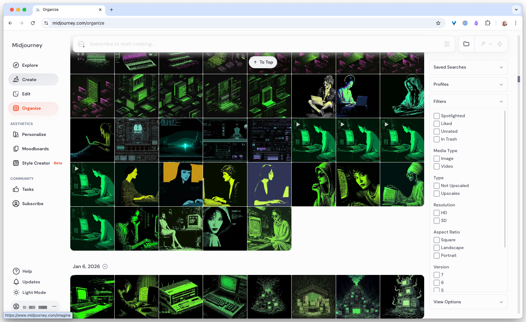 Midjourney Organize screen, a grid of generations grouped into folders with filters for style, prompt keywords, and date.