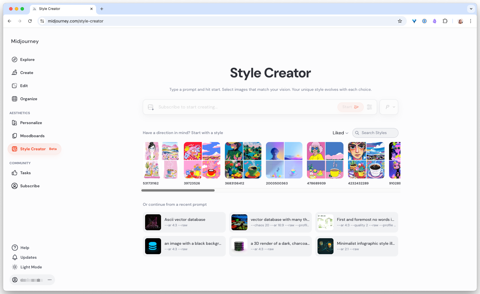 Midjourney Style Creator, a prompt bar at the top, then rows of image pairs where you pick the one that better matches your target style. A set of saved styles sits below.