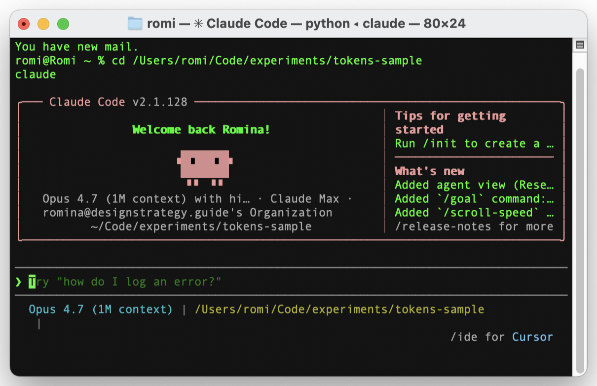 Terminal showing Claude Code welcome banner inside the tokens-sample folder, Claude Code v2.1.128, Opus 4.7 1M context, account email shown, tips for getting started panel on the right with Run /init to create a CLAUDE.md, /agent to manage agents, /release-notes for the latest version.