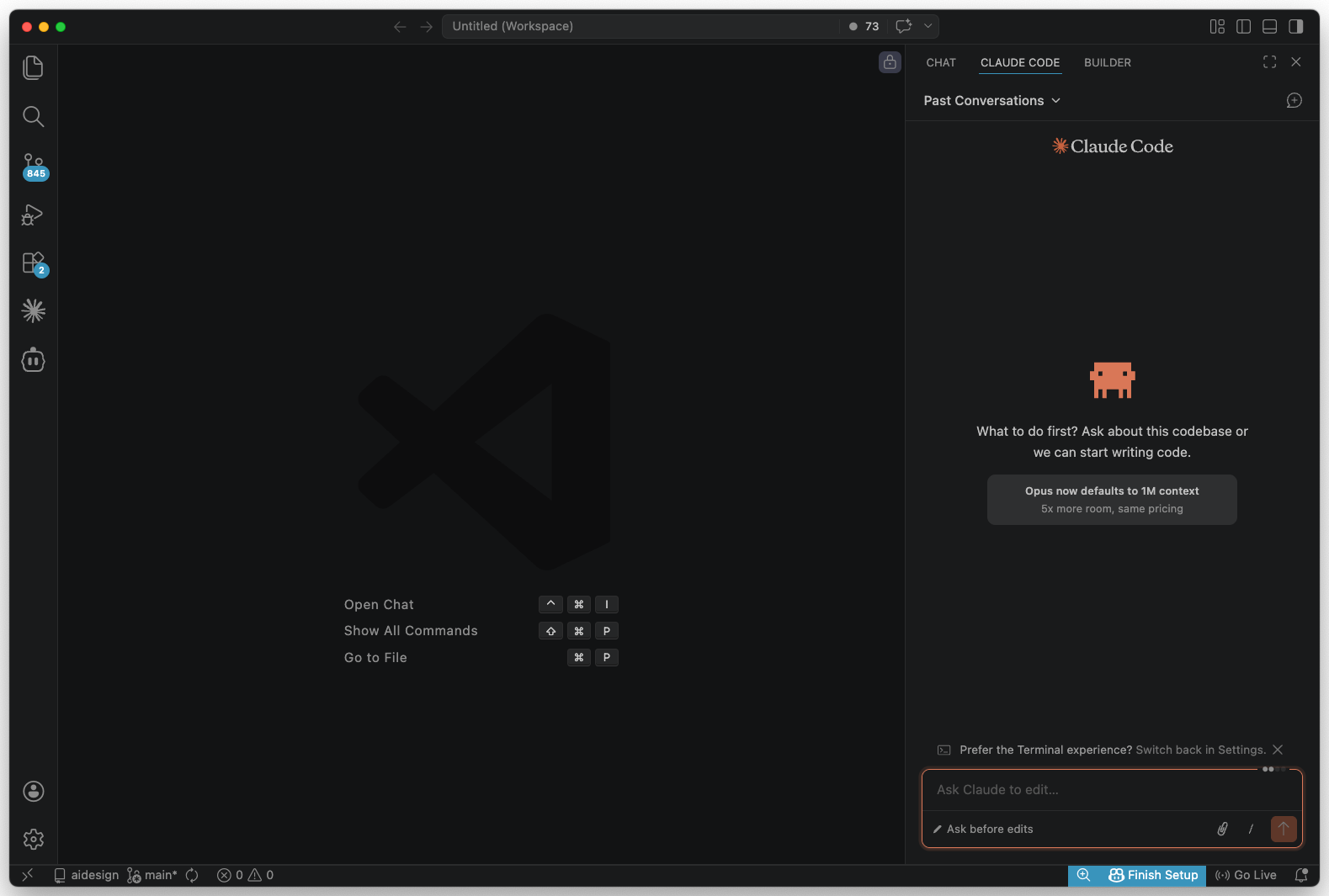 VS Code with the Claude Code extension installed, a side panel offering Chat, Claude Code, and Builder tabs, with a ready-to-prompt input at the bottom.