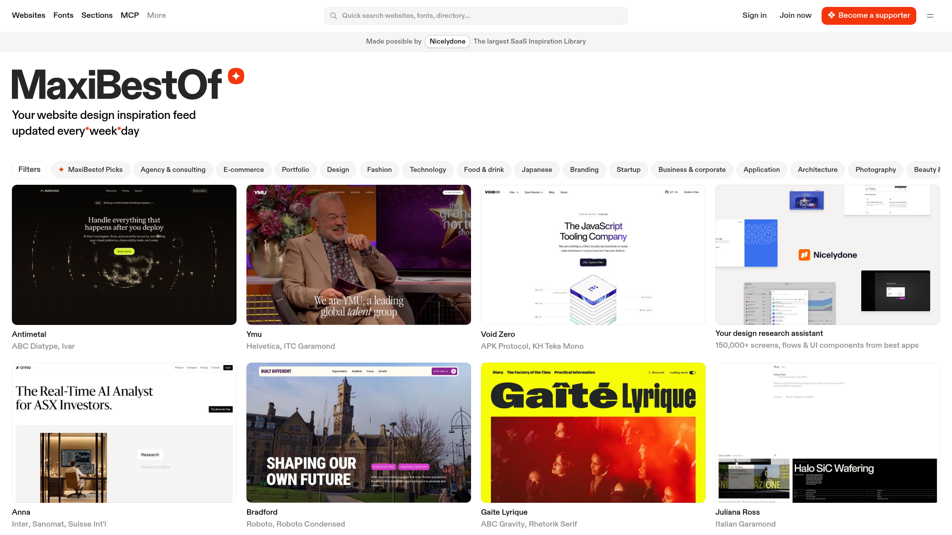 Maxi Best Of — curated website inspiration gallery with categories for agency, e-commerce, portfolio, and more