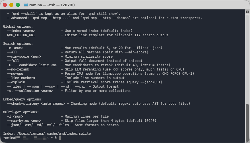 Terminal showing qmd command options for querying local markdown notes.