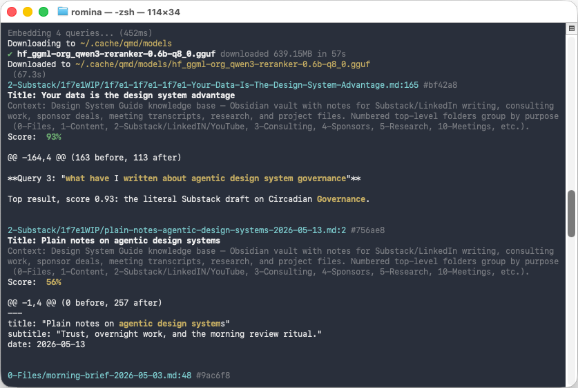 Terminal showing qmd search results with matching notes and relevance scores.