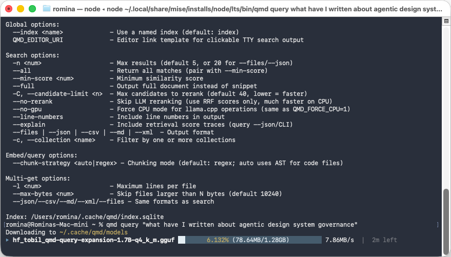 Terminal running a qmd query about agentic design system governance.